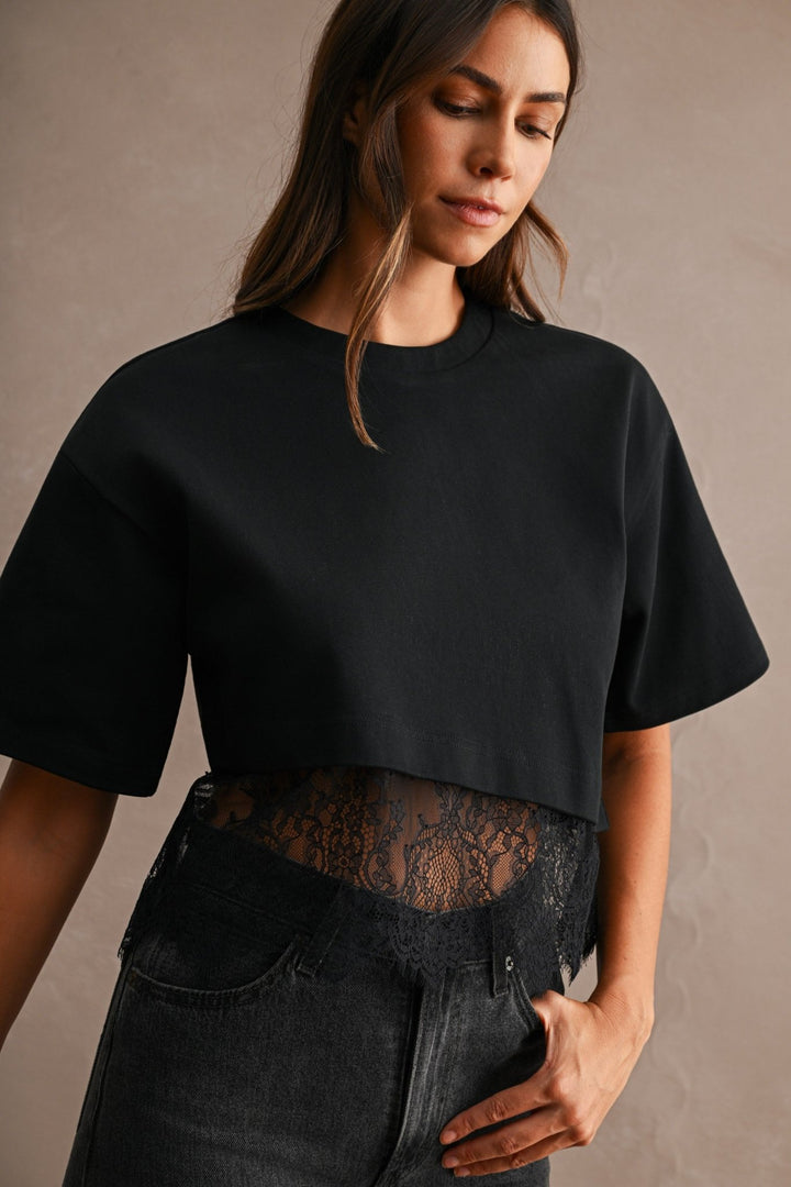 Black Lace Trim Cropped Tee - STYLED BY ALX COUTUREShirts &amp; Tops
