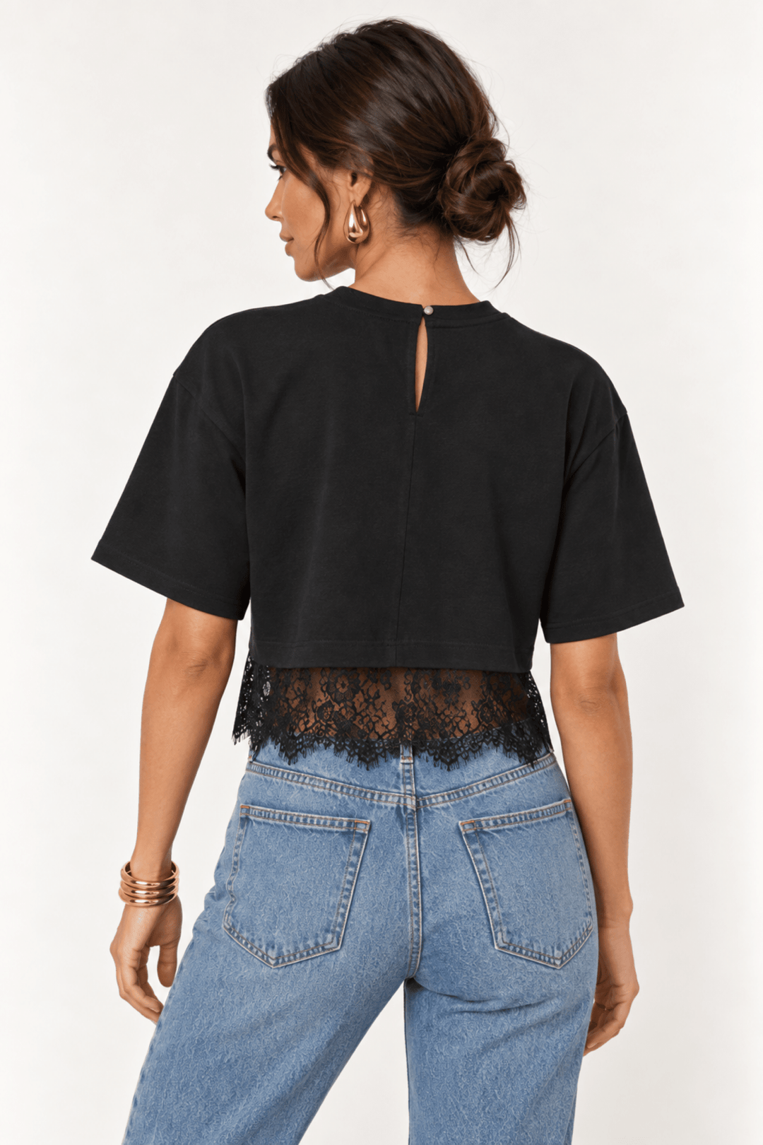 Black Lace Trim Cropped Tee - STYLED BY ALX COUTUREShirts &amp; Tops