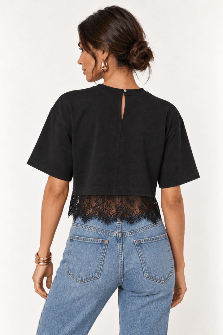 Black Lace Trim Cropped Tee - STYLED BY ALX COUTUREShirts &amp; Tops