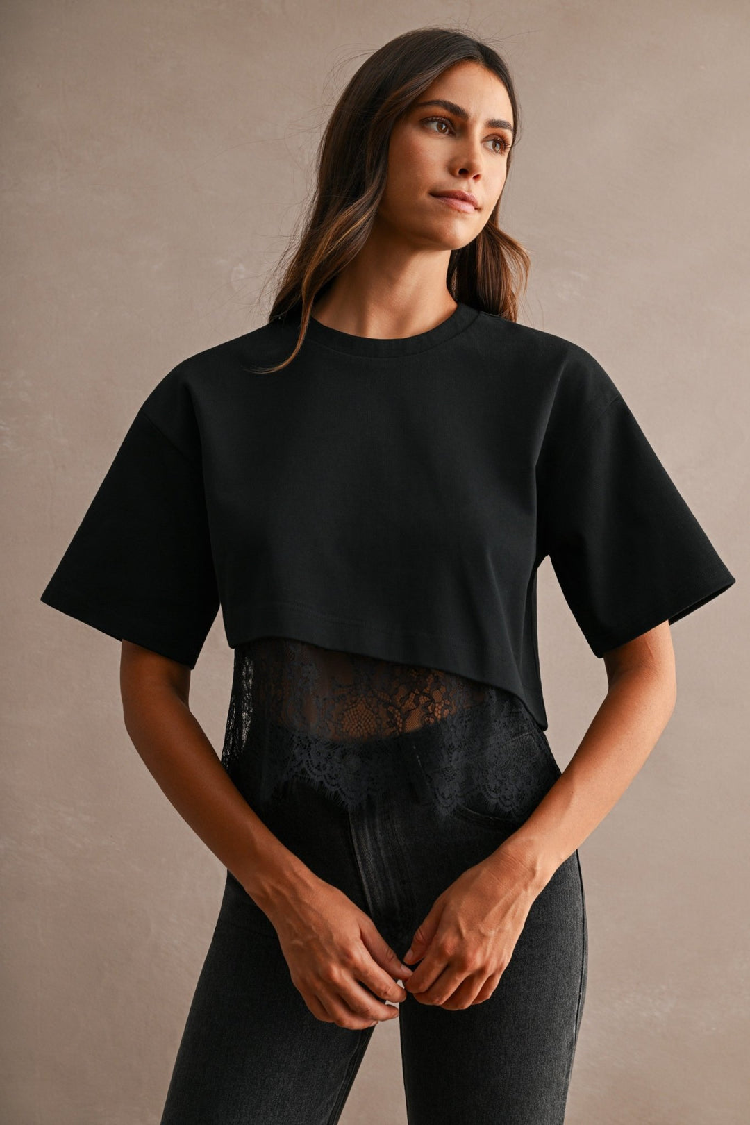 Black Lace Trim Cropped Tee - STYLED BY ALX COUTUREShirts &amp; Tops