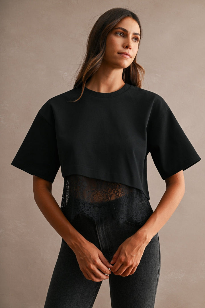 Black Lace Trim Cropped Tee - STYLED BY ALX COUTUREShirts &amp; Tops