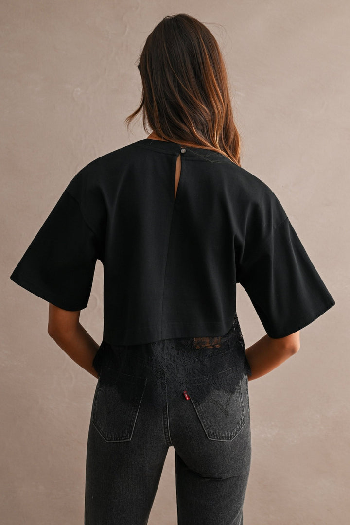 Black Lace Trim Cropped Tee - STYLED BY ALX COUTUREShirts &amp; Tops