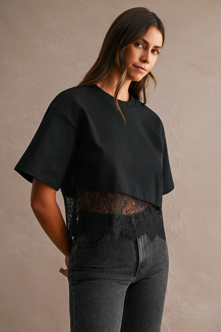 Black Lace Trim Cropped Tee - STYLED BY ALX COUTUREShirts &amp; Tops