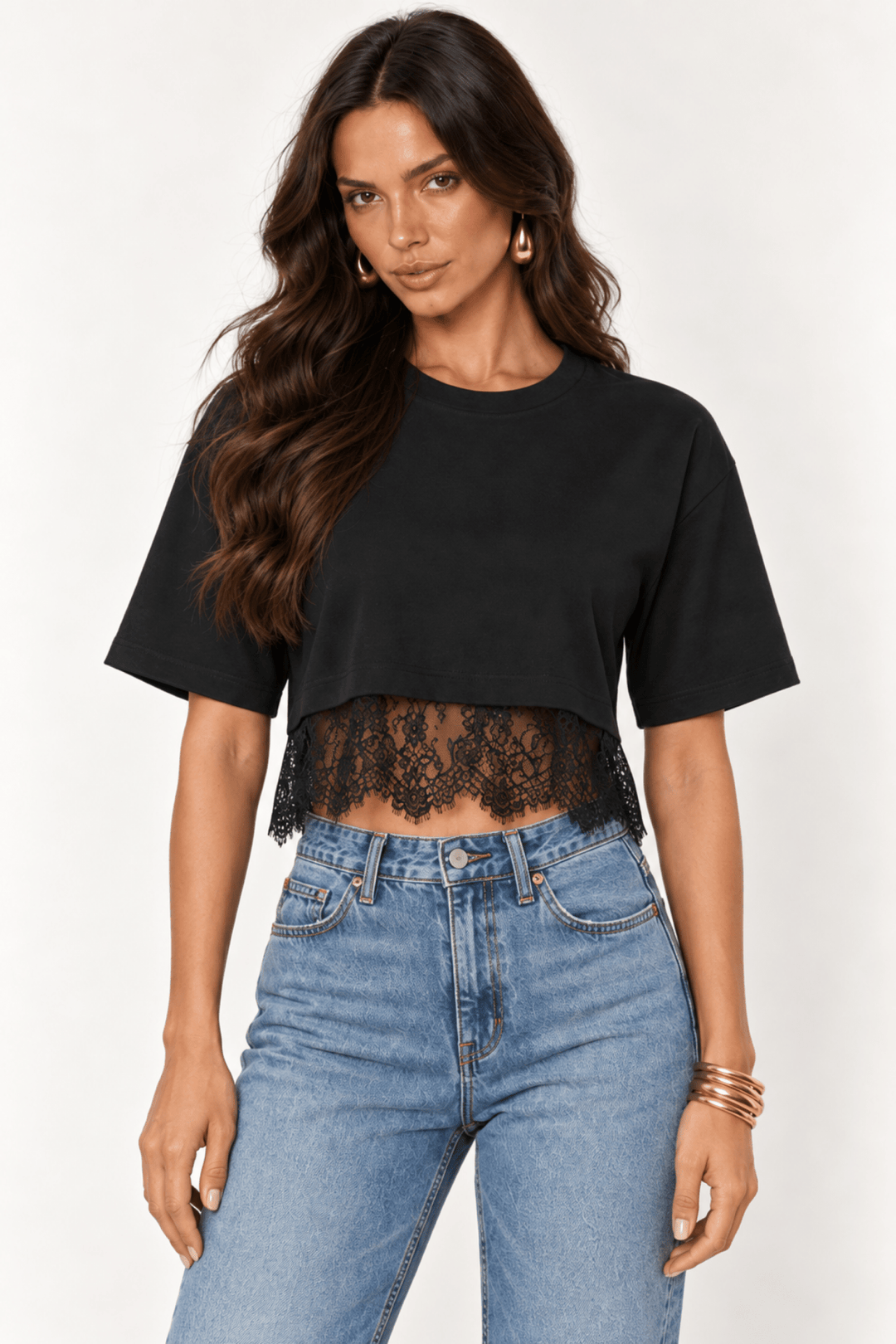 Black Lace Trim Cropped Tee - STYLED BY ALX COUTUREShirts & Tops