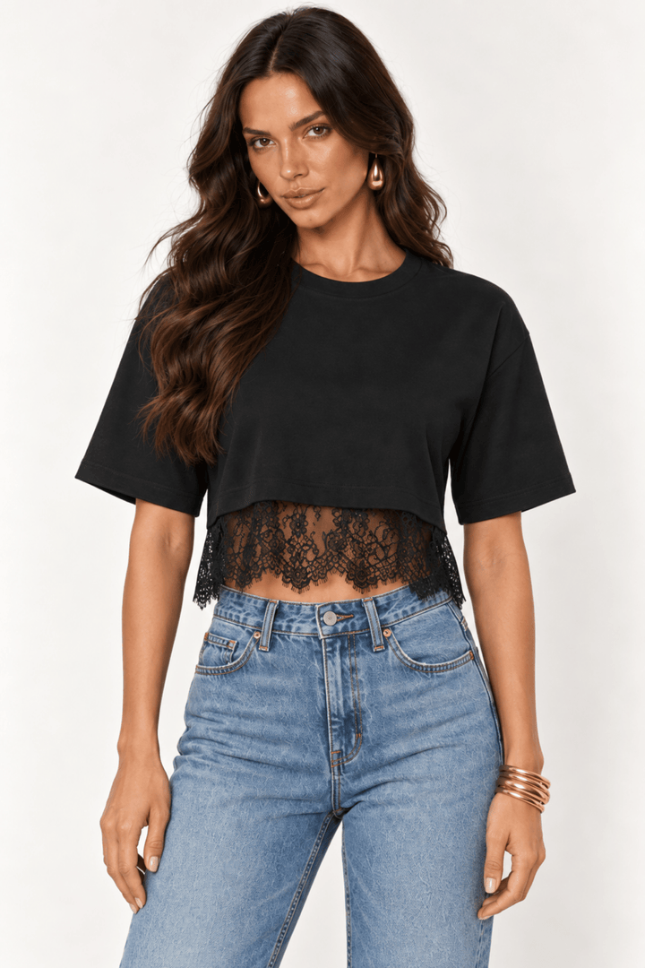 Black Lace Trim Cropped Tee - STYLED BY ALX COUTUREShirts &amp; Tops