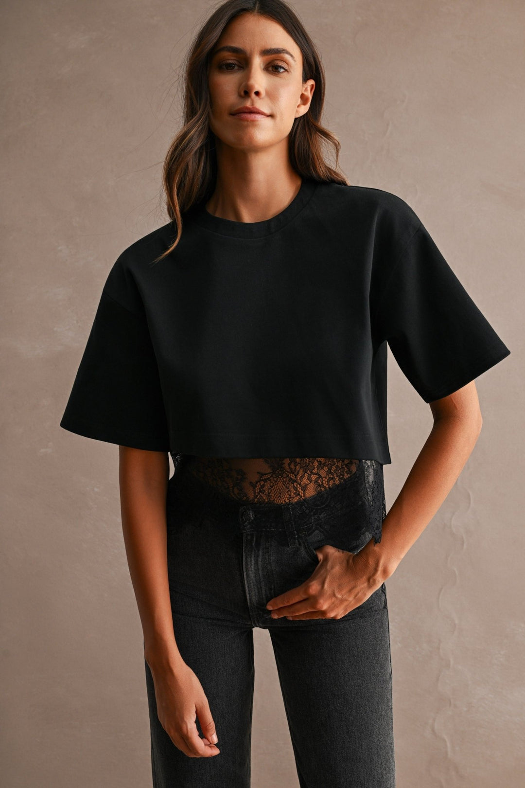 Black Lace Trim Cropped Tee - STYLED BY ALX COUTUREShirts &amp; Tops