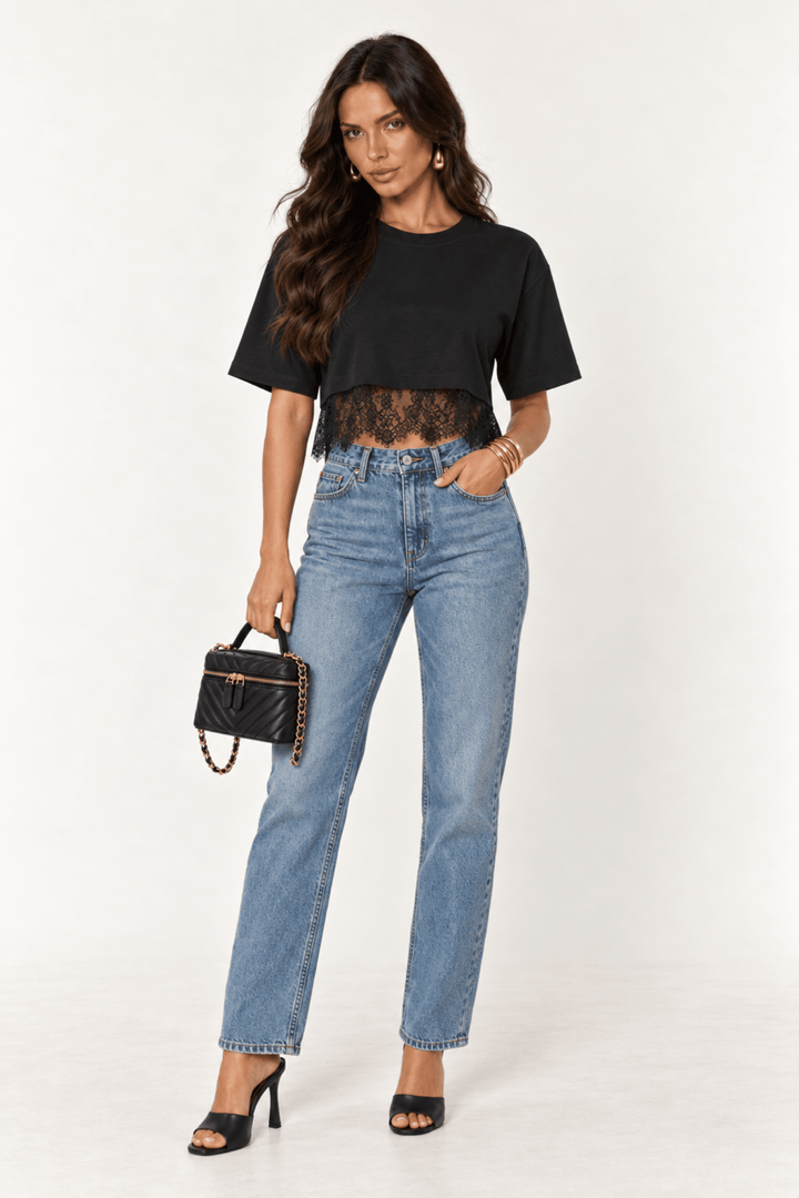 Black Lace Trim Cropped Tee - STYLED BY ALX COUTUREShirts &amp; Tops
