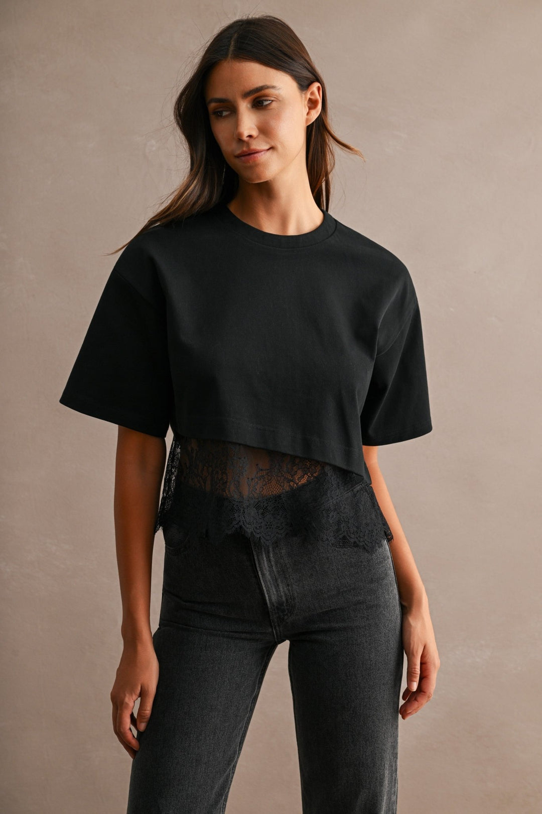 Black Lace Trim Cropped Tee - STYLED BY ALX COUTUREShirts &amp; Tops