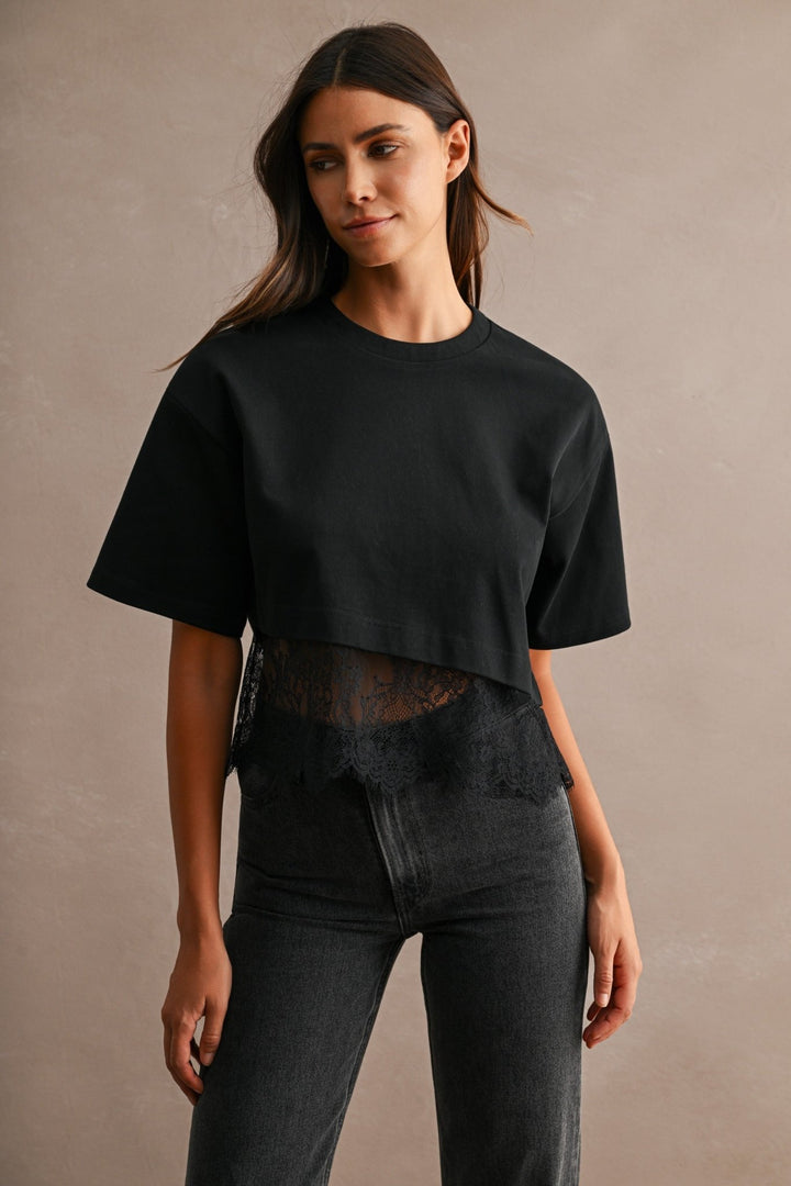 Black Lace Trim Cropped Tee - STYLED BY ALX COUTUREShirts &amp; Tops