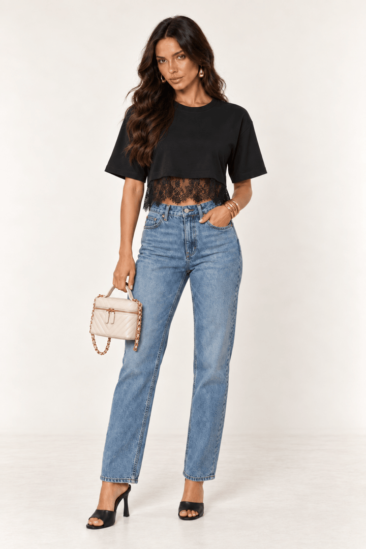 Black Lace Trim Cropped Tee - STYLED BY ALX COUTUREShirts &amp; Tops