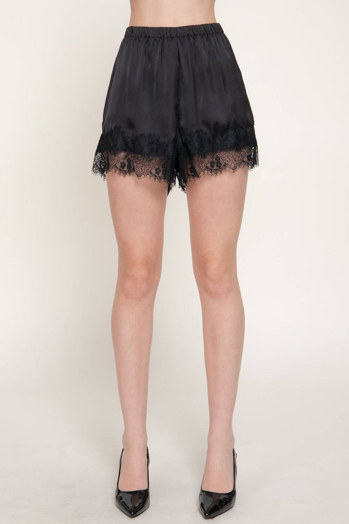 Black Lace Trim Satin Shorts - STYLED BY ALX COUTUREShorts
