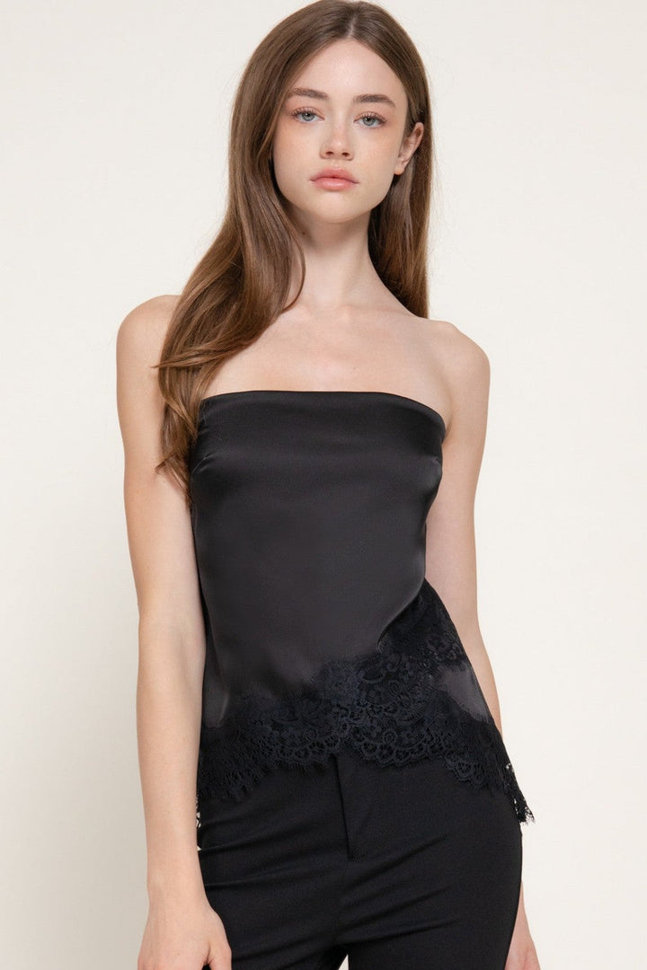 Black Lace Trim Satin Tube Top - STYLED BY ALX COUTURETops