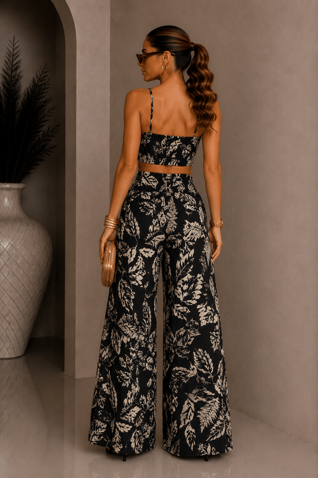 Black Leaf Halter Pant Set - STYLED BY ALX COUTUREOutfit Sets