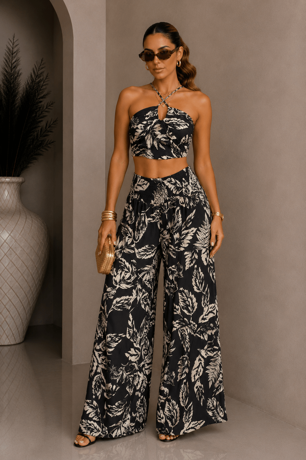 Black Leaf Halter Pant Set - STYLED BY ALX COUTUREOutfit Sets