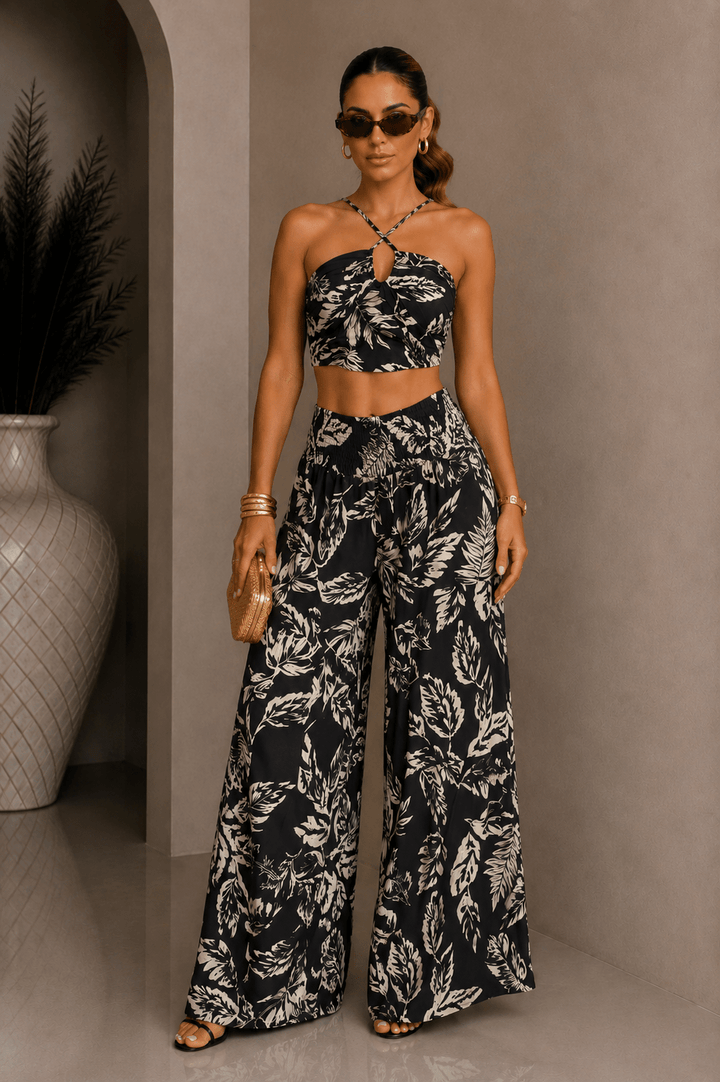 Black Leaf Halter Pant Set - STYLED BY ALX COUTUREOutfit Sets