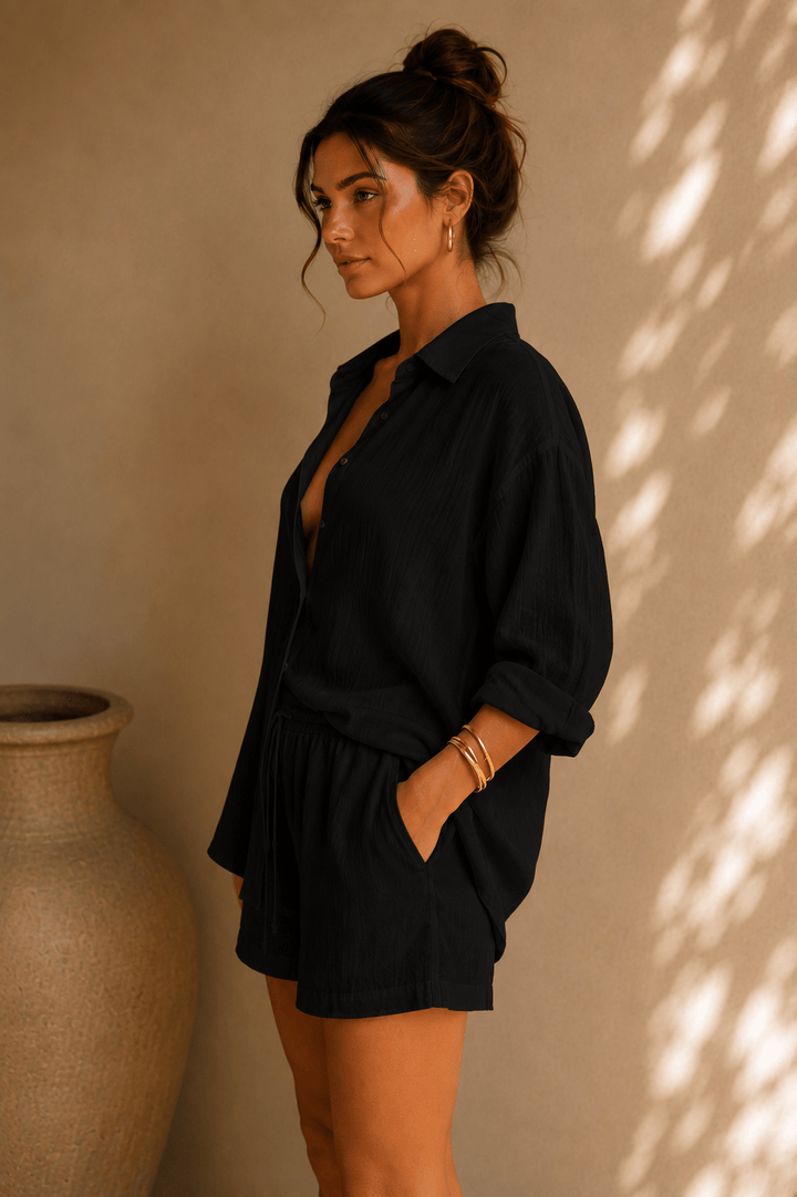 Black Linen Button Down Shorts Set - STYLED BY ALX COUTUREOutfit Sets