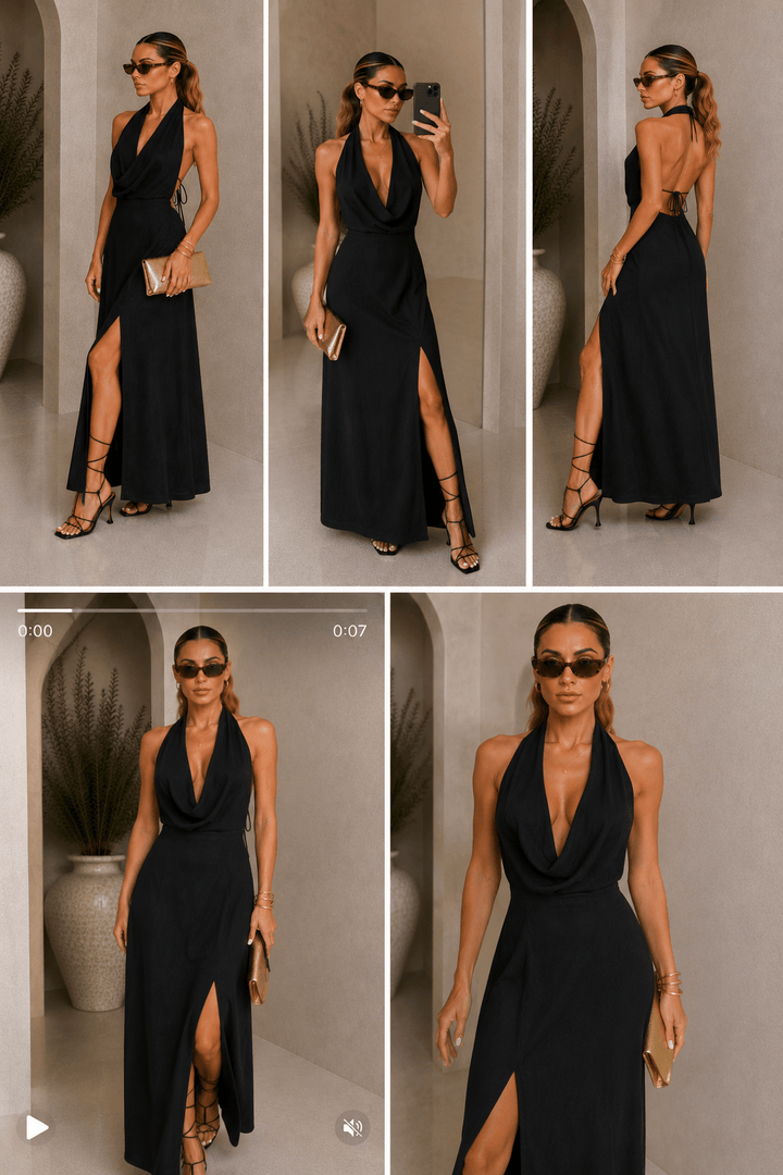 Black Linen Halter Slit Maxi Dress - STYLED BY ALX COUTUREDresses