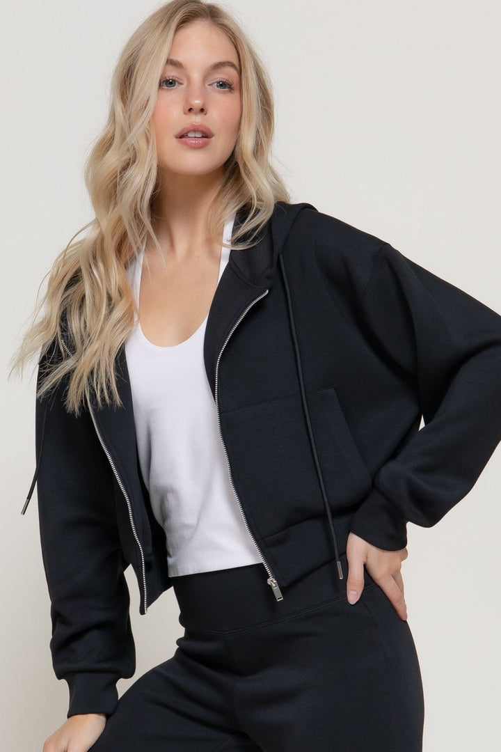 Black long sleeve soft scuba hoodie jacket, front view