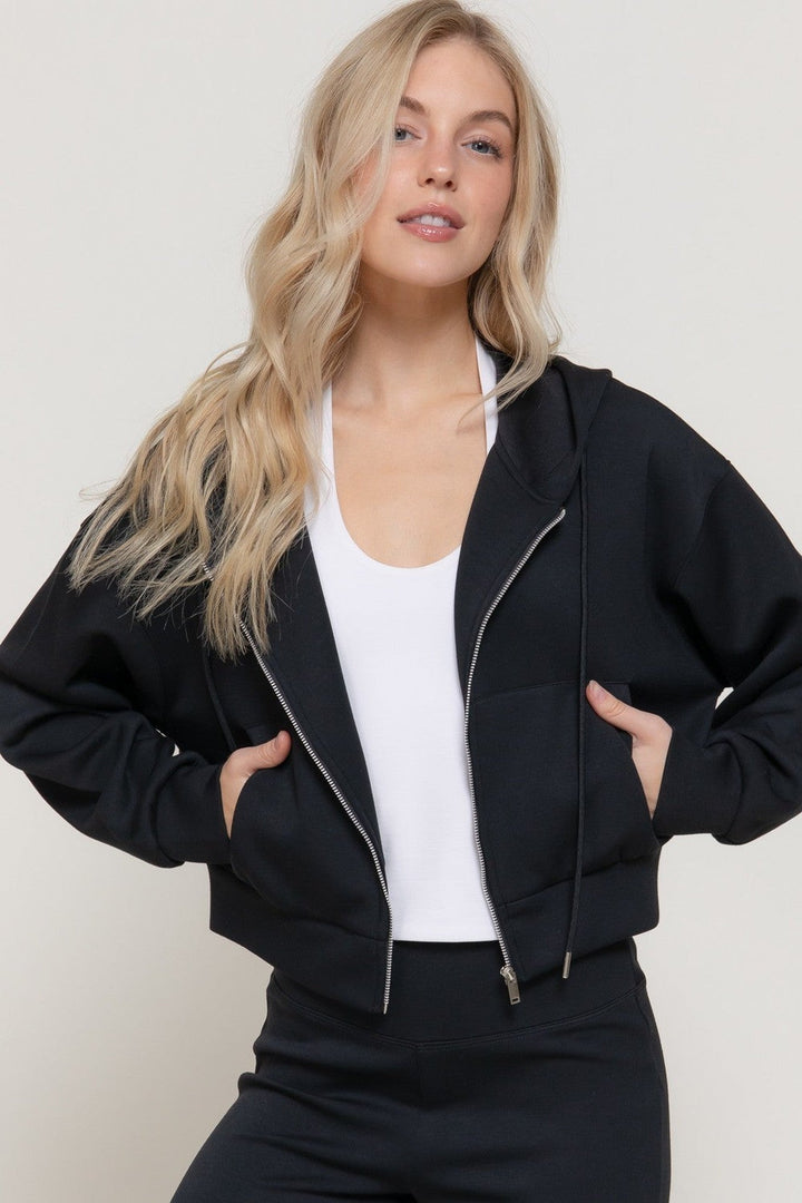Black Long Sleeve Soft Scuba Hoodie Jacket - STYLED BY ALX COUTURETops