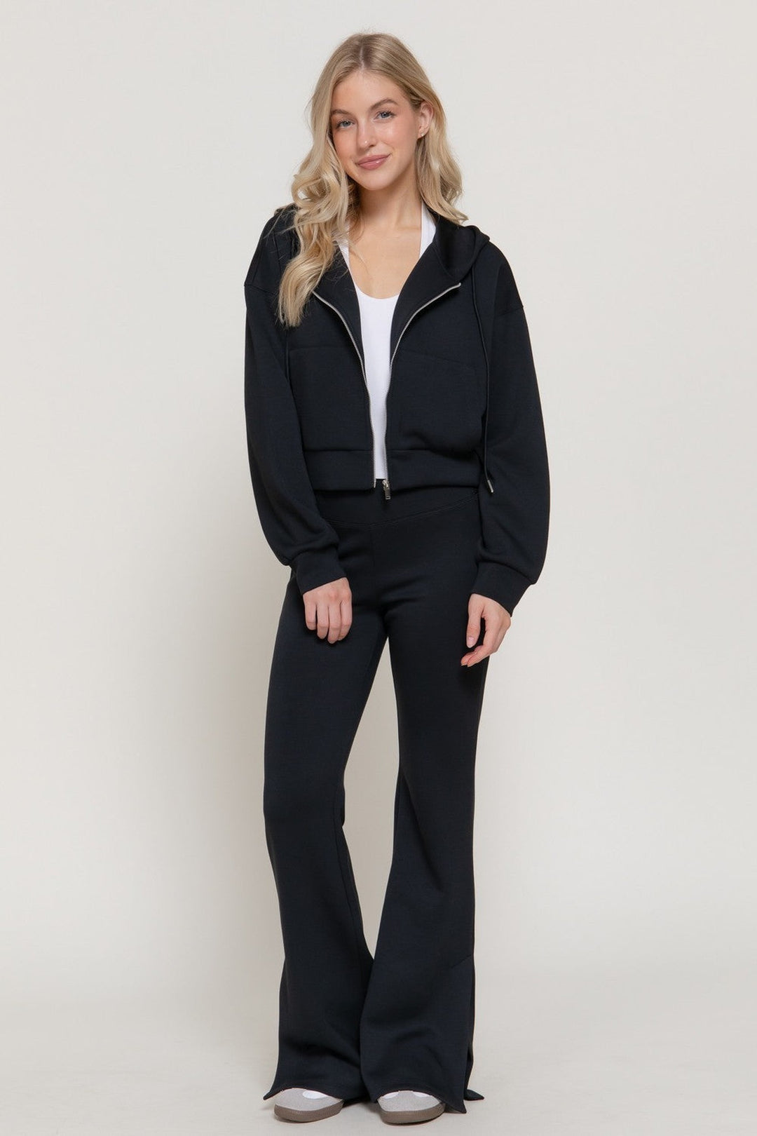 Black soft scuba hoodie jacket and flare pants set, full length