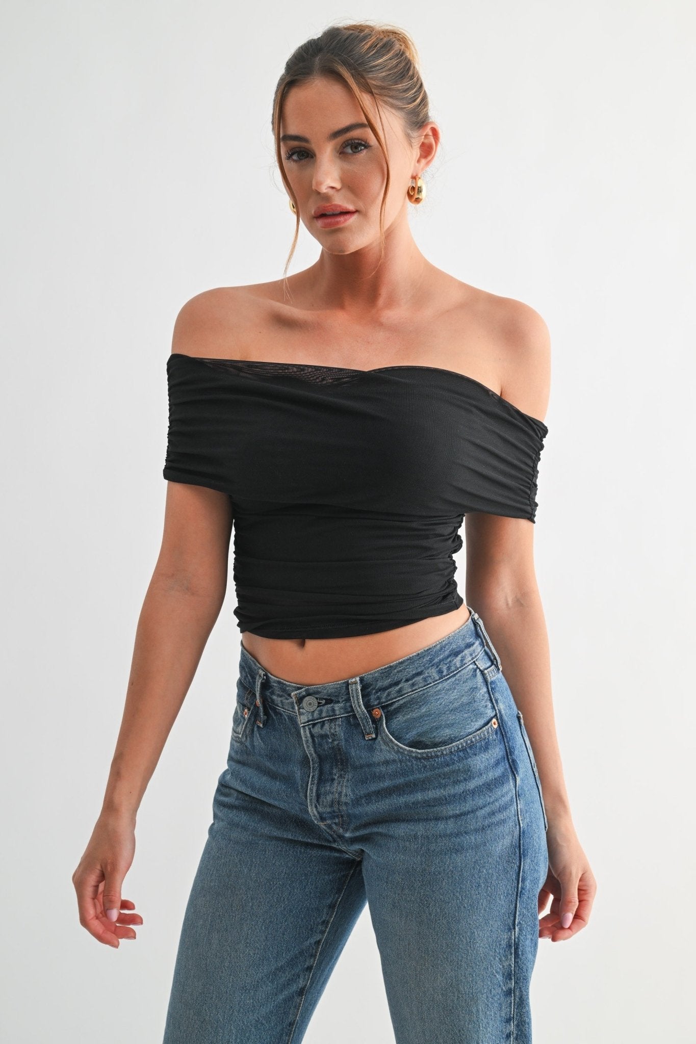Black Mesh Off-shoulder Ruched Top – STYLED BY ALX COUTURE
