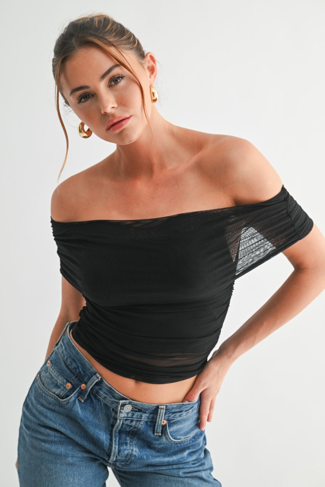 Black Mesh Off - shoulder Ruched Top - STYLED BY ALX COUTUREShirts & Tops
