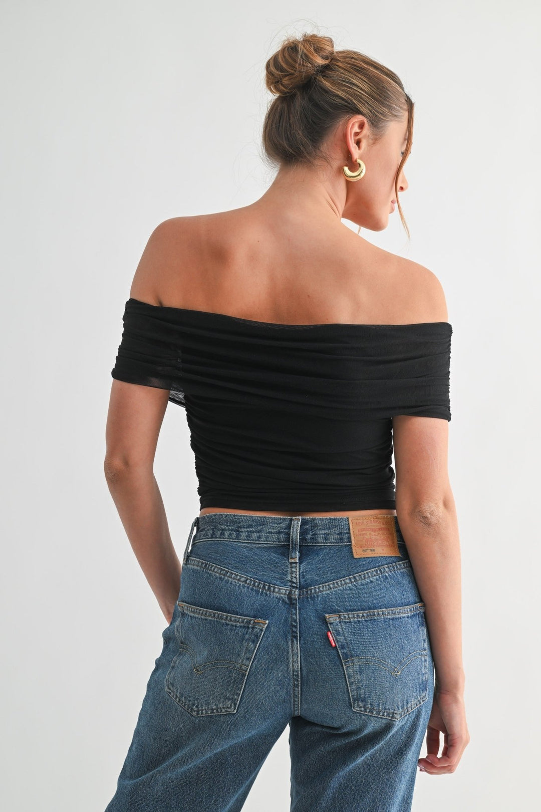 Black Mesh Off - shoulder Ruched Top - STYLED BY ALX COUTUREShirts & Tops