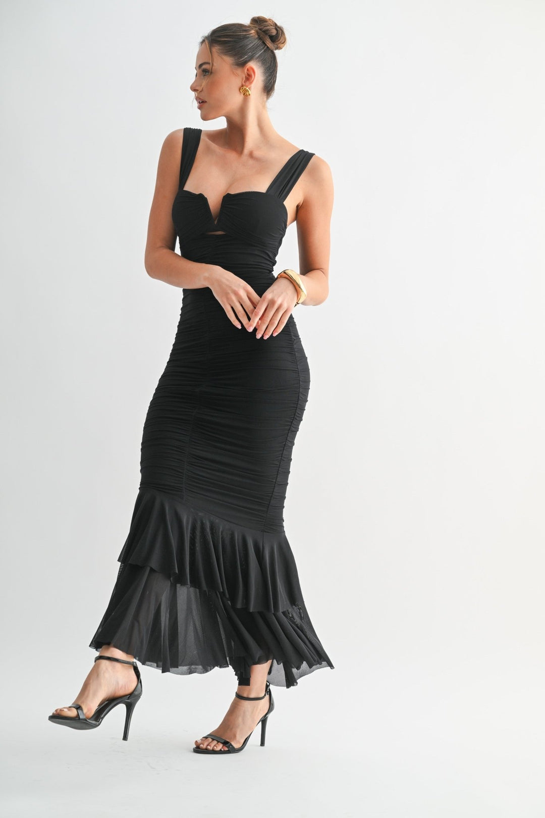 Black Mesh Ruffle Long Dress - STYLED BY ALX COUTUREDresses