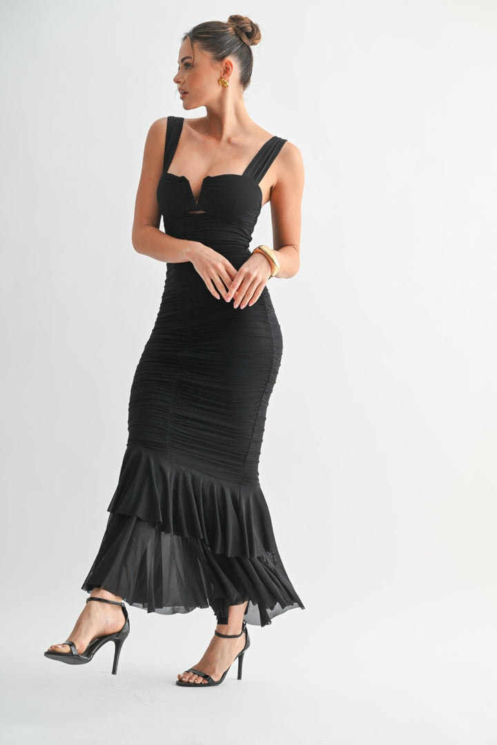Black Mesh Ruffle Long Dress - STYLED BY ALX COUTUREDresses