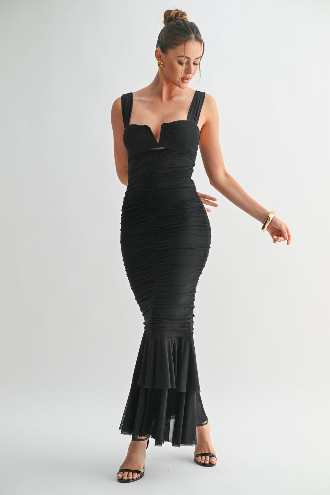 black mesh ruffle dress Black Shirred Mesh Ruffle Maxi Dress L