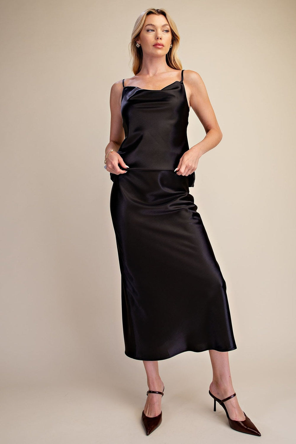 Black Metallic Shimmer Satin Cami and Midi Skirt Set - STYLED BY ALX COUTUREOutfit Sets