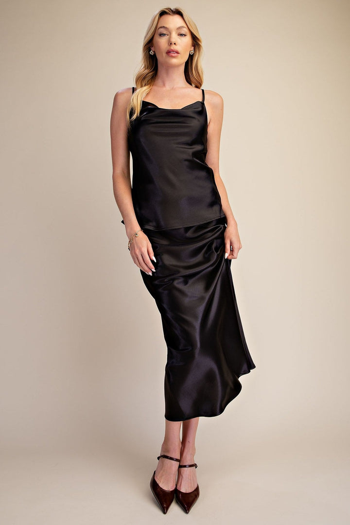 Black Metallic Shimmer Satin Cami and Midi Skirt Set - STYLED BY ALX COUTUREOutfit Sets