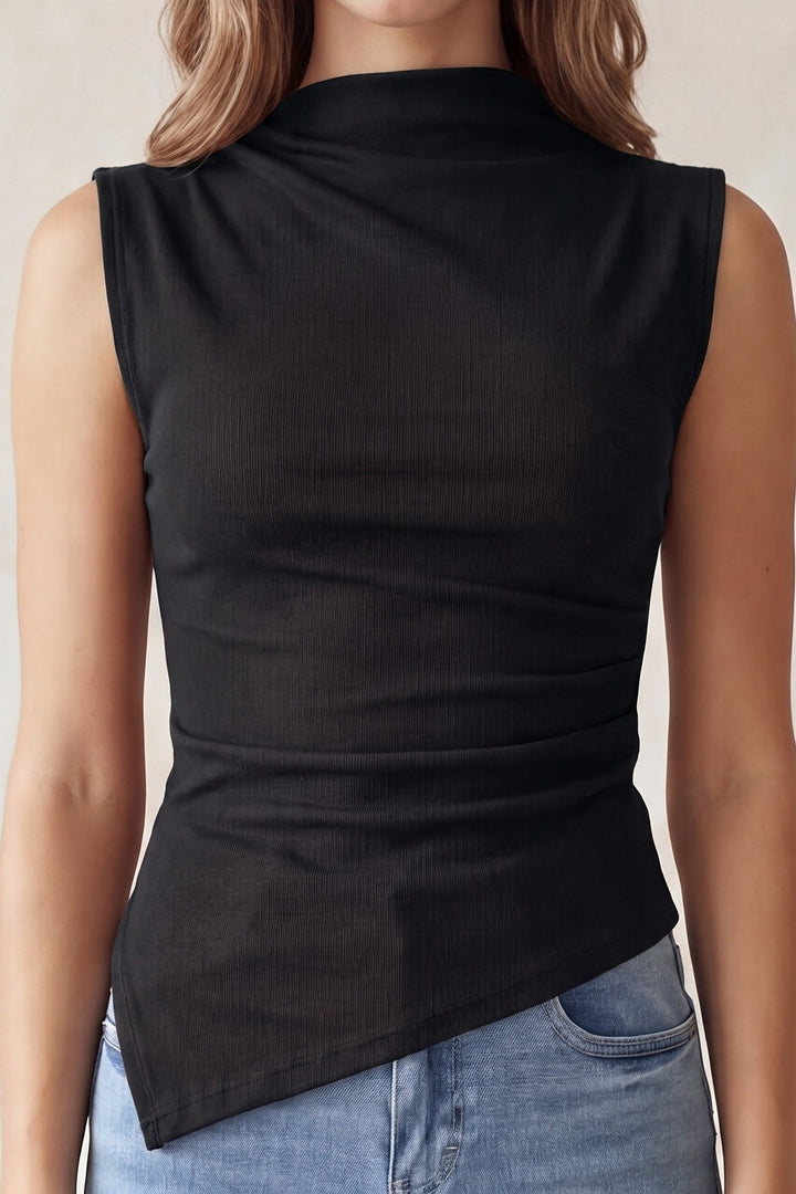 Black mock neck sleeveless top with asymmetric ruched hem, three-quarter view