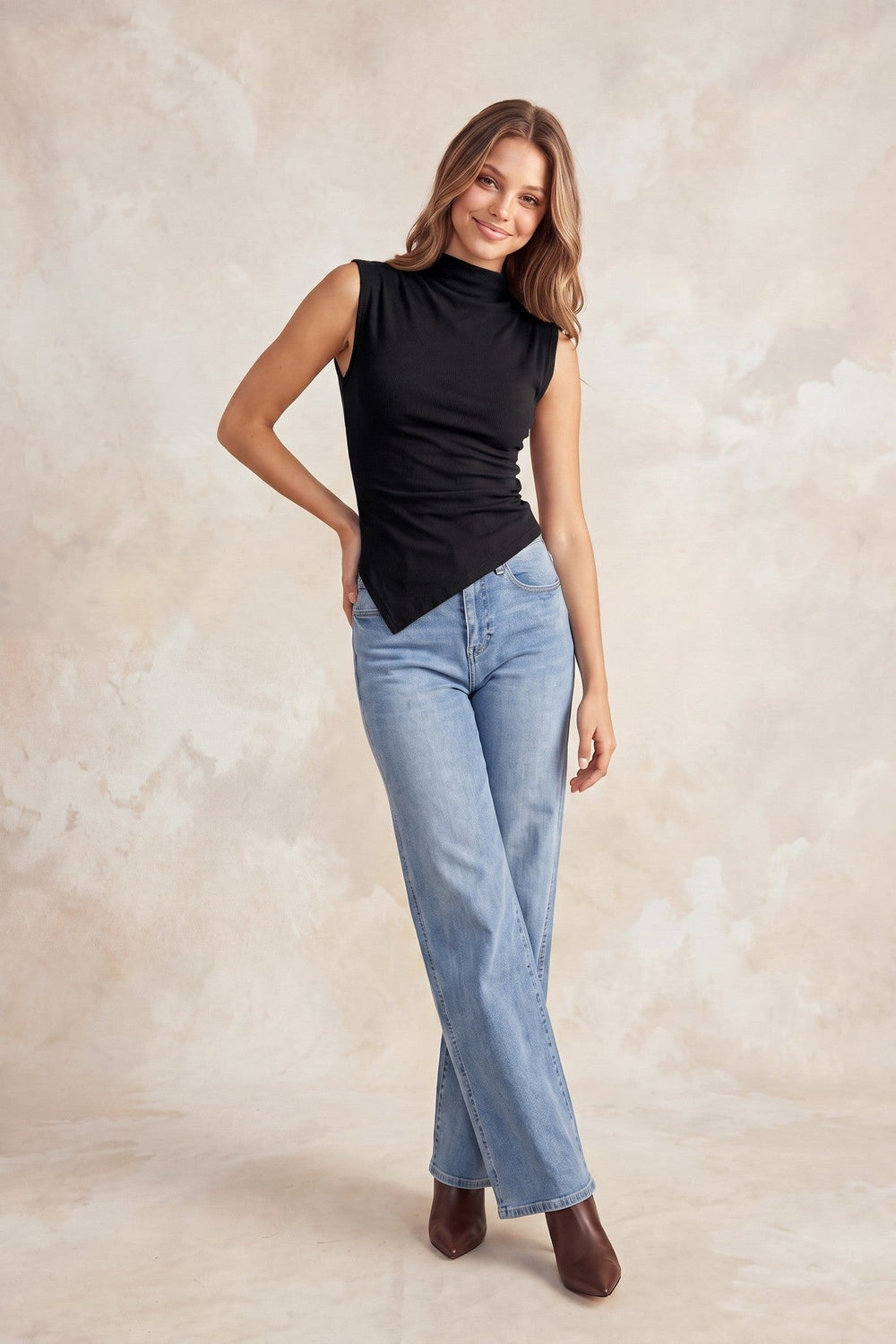Black Mock Neck Sleeveless Asymmetric Hem Top - STYLED BY ALX COUTURETops