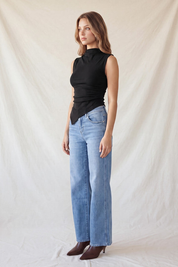 Black mock neck sleeveless top, front view
