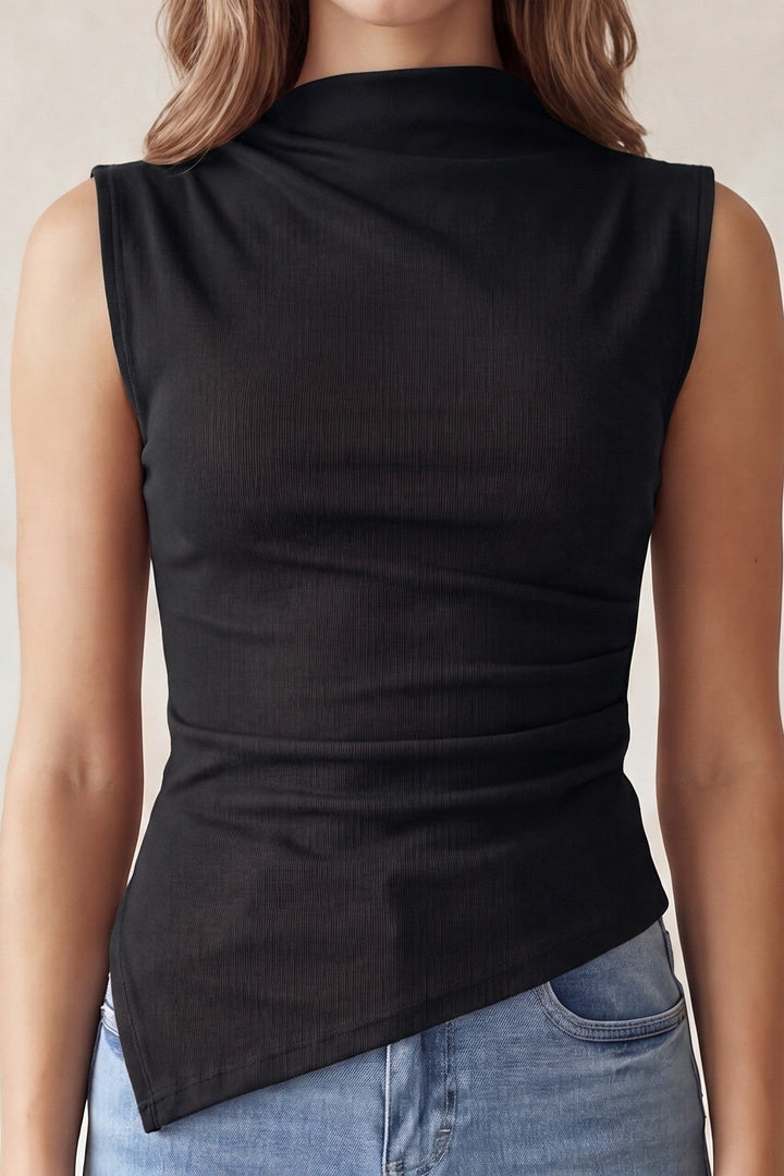 Black Mock Neck Sleeveless Asymmetric Hem Top - STYLED BY ALX COUTURETops