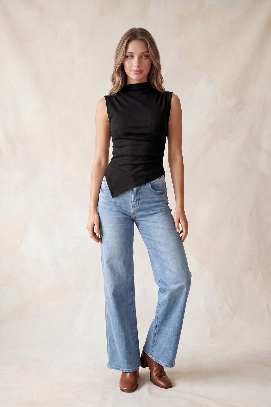 Black Mock Neck Sleeveless Asymmetric Hem Top - STYLED BY ALX COUTURETops