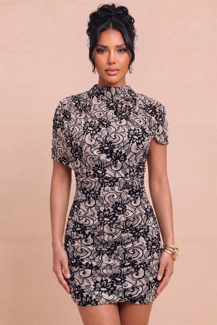 Black Nude Lace Mesh Drape Mini Dress - STYLED BY ALX COUTUREDresses