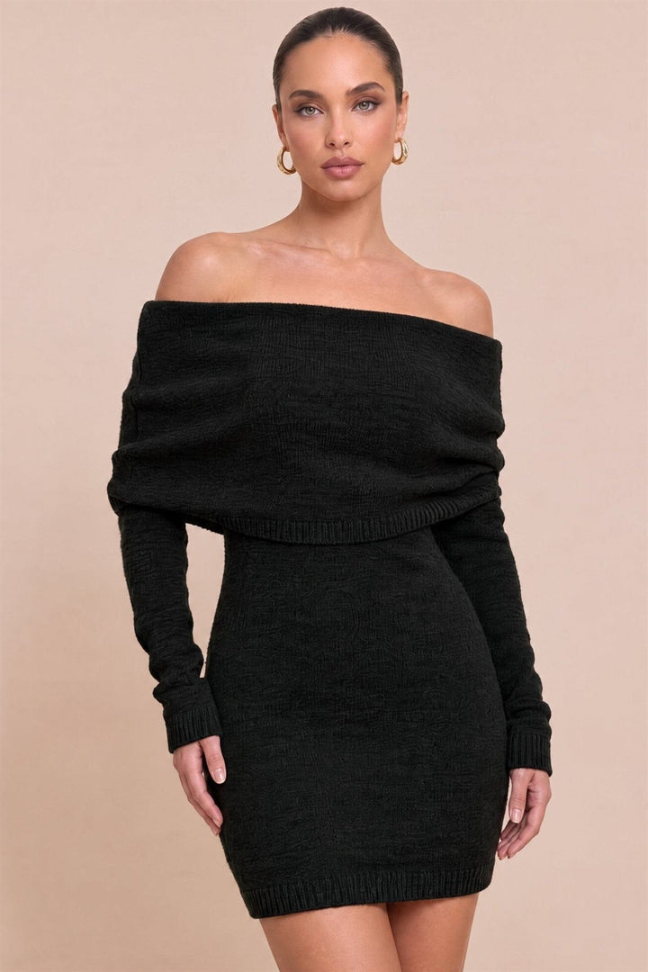 Black Off-Shoulder Drape Sweater Mini Dress - STYLED BY ALX COUTUREDresses