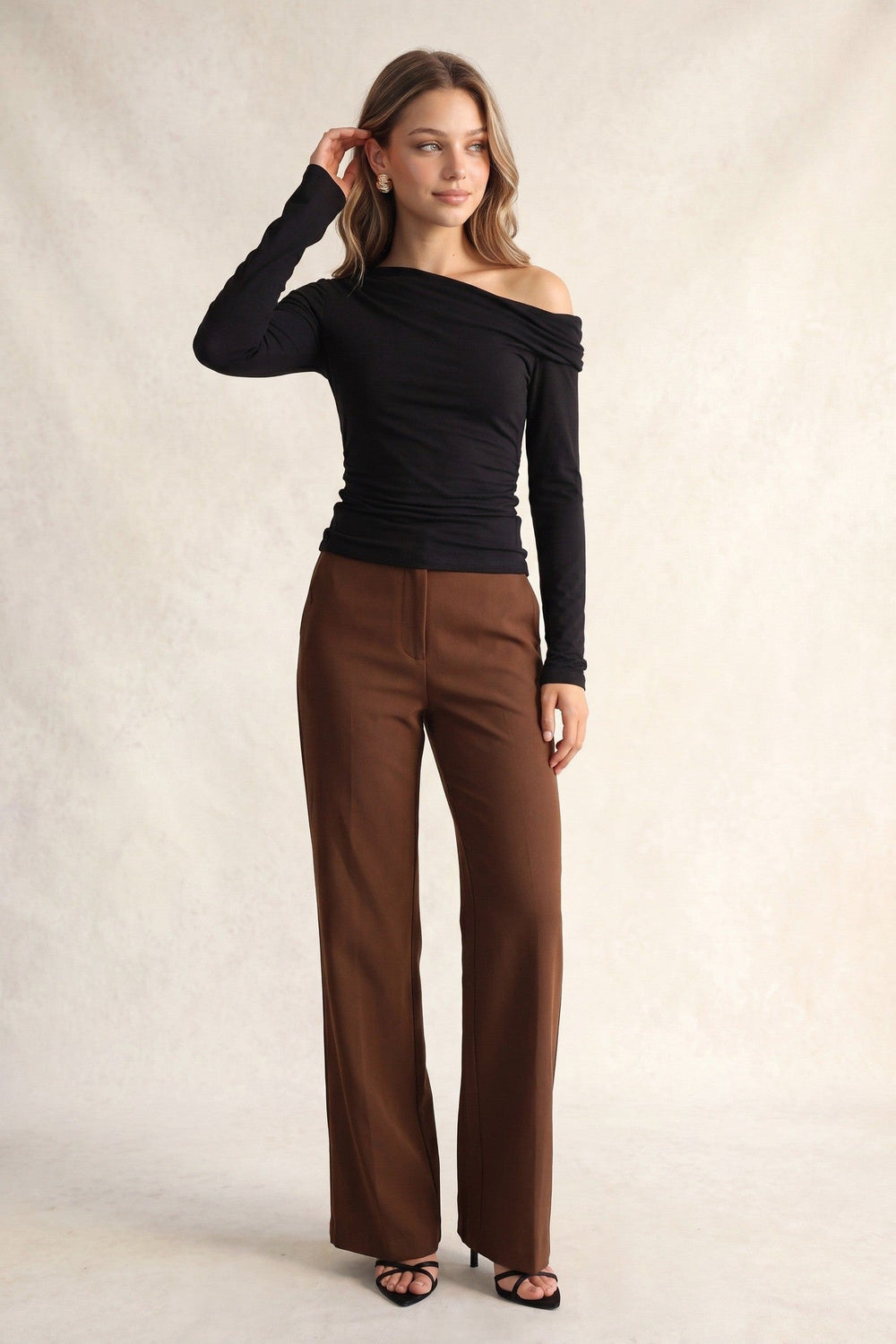 Black Off-Shoulder Ruched Long Sleeve Top - STYLED BY ALX COUTURETops