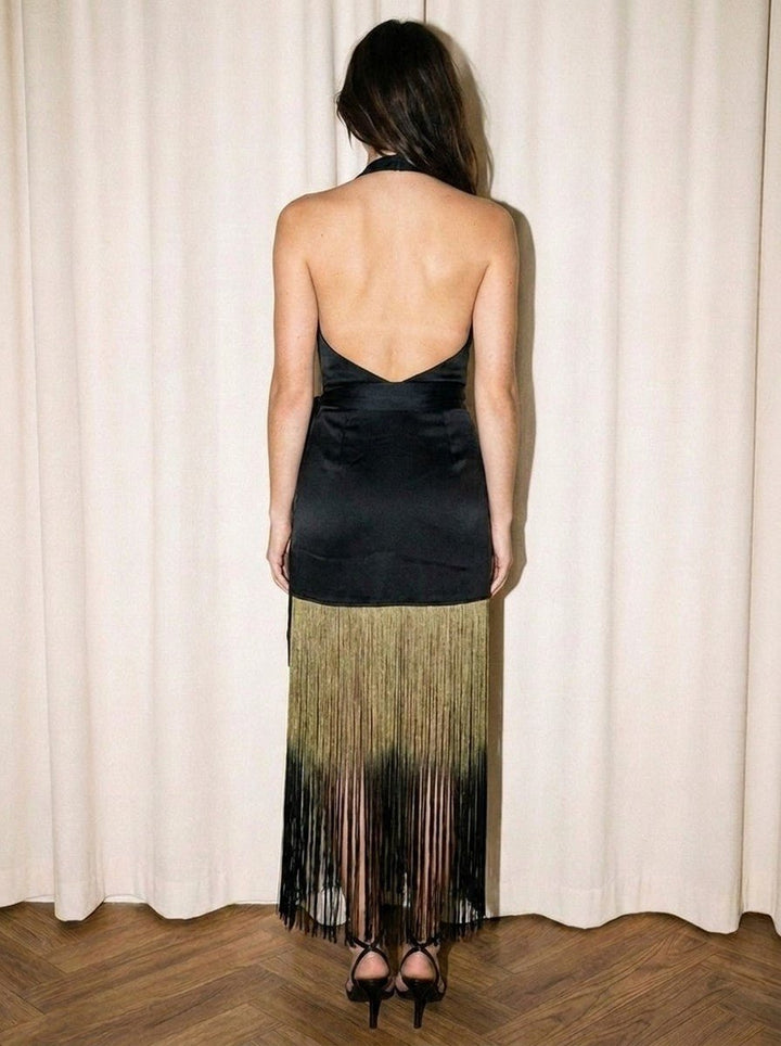 Black Ombre Fringe Halter Dress - STYLED BY ALX COUTUREDresses