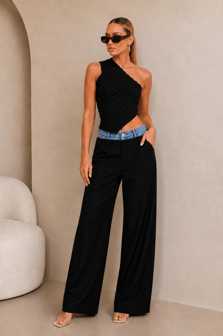 Black One - shoulder Asymmetrical Knit Top - STYLED BY ALX COUTURETOP