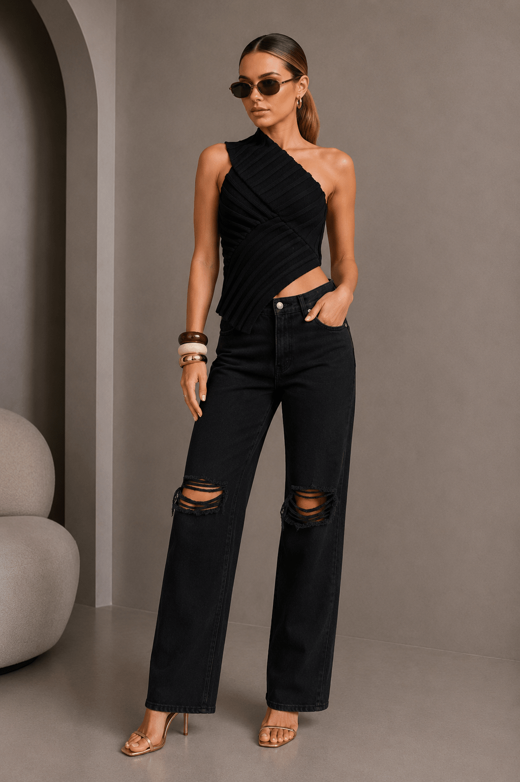 Black One - shoulder Asymmetrical Knit Top - STYLED BY ALX COUTURETOP