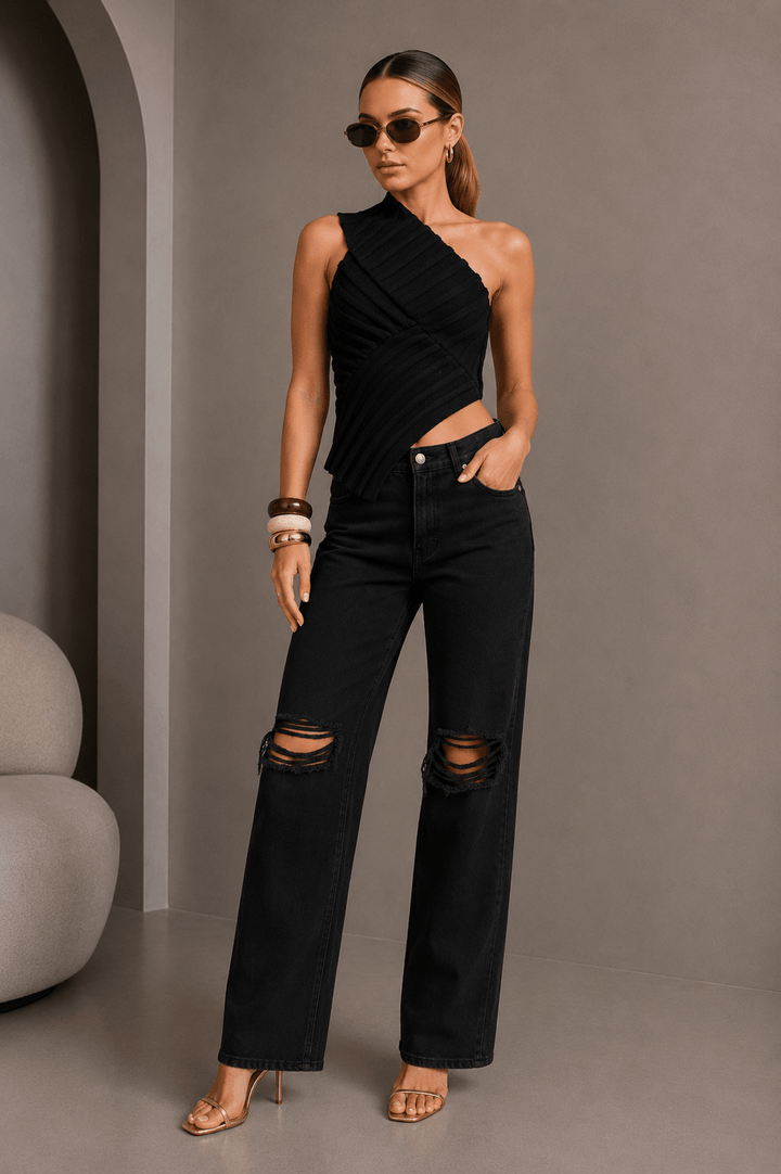 Black One - shoulder Asymmetrical Knit Top - STYLED BY ALX COUTURETOP