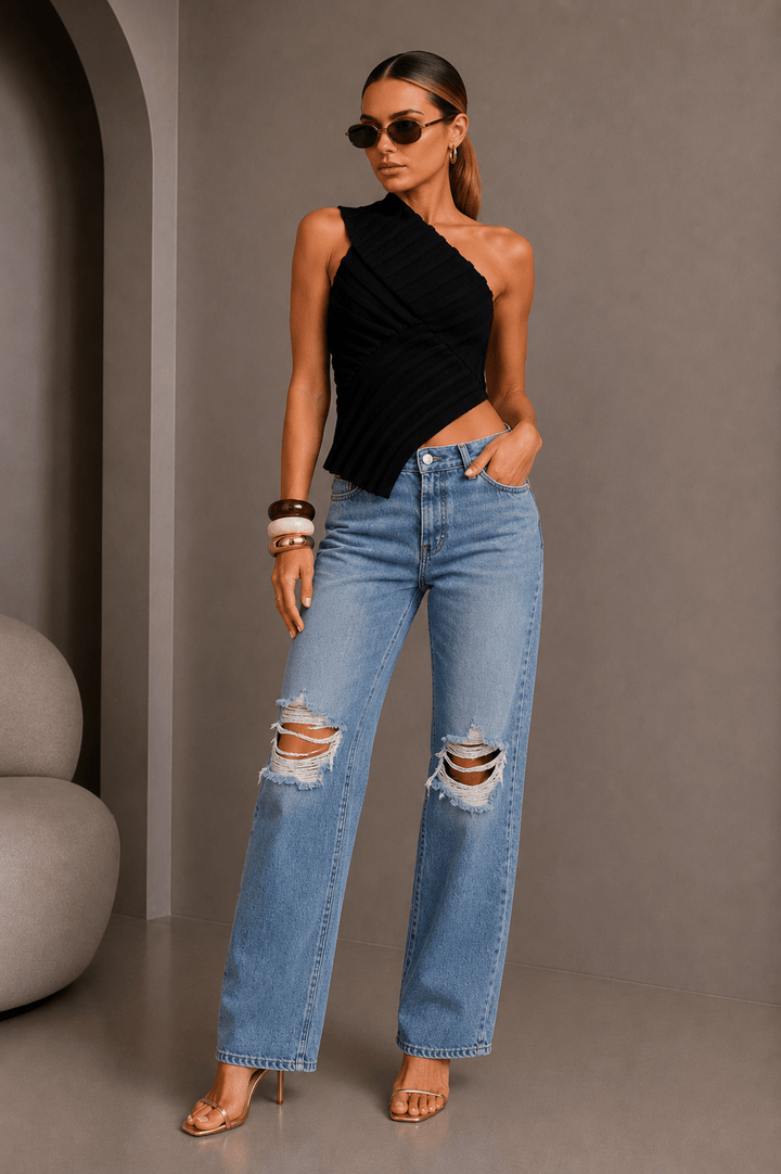 Black One - shoulder Asymmetrical Knit Top - STYLED BY ALX COUTURETOP