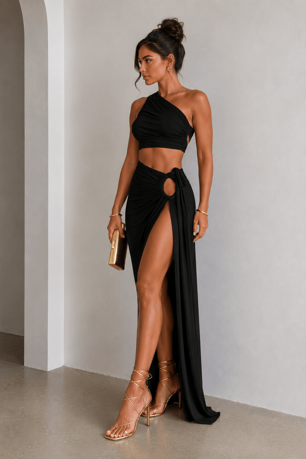 Black One Shoulder High Slit Skirt Set - STYLED BY ALX COUTUREOutfit Sets