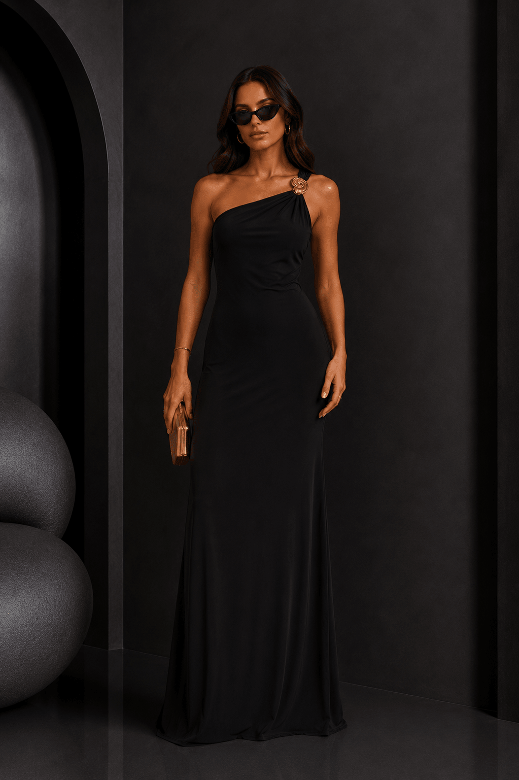 Black One Shoulder Seashell Maxi Dress - STYLED BY ALX COUTUREDresses