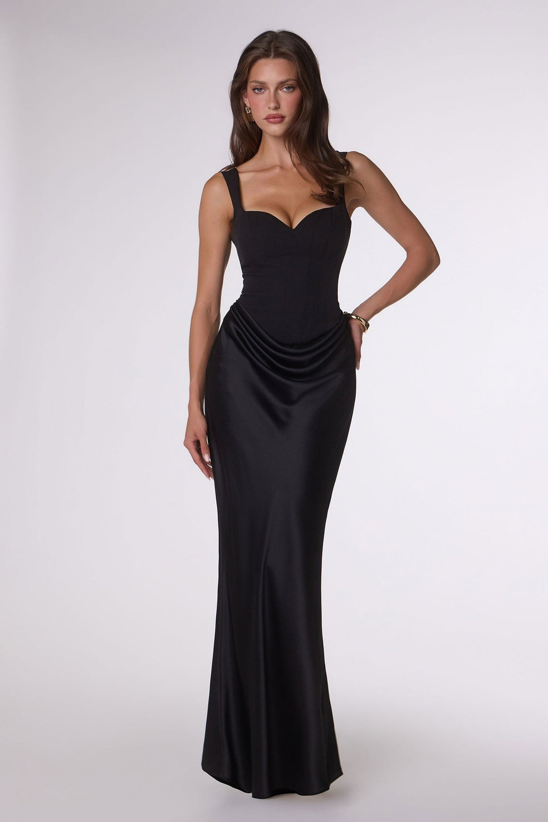 Black Ora Corset Back Draped Satin Gown - STYLED BY ALX COUTUREDresses
