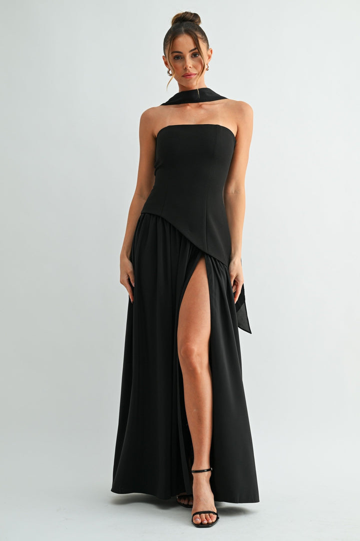 Black strapless corset maxi dress with high slit, front view