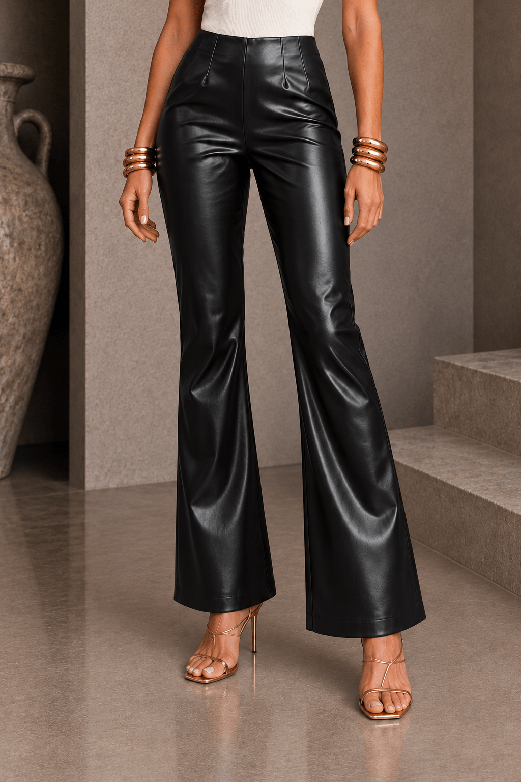 Black Pleather Darted Flared Pants - STYLED BY ALX COUTUREPants